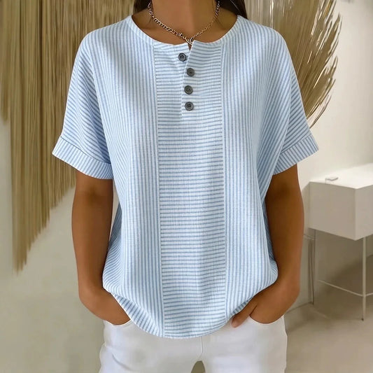 Euddora™ T-Shirt Mit Feinen Streifen und Knopfleiste
