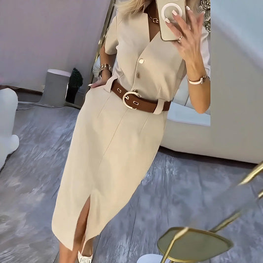 Maite™ Vestido Midi Camisero con Abertura Frontal Elegante
