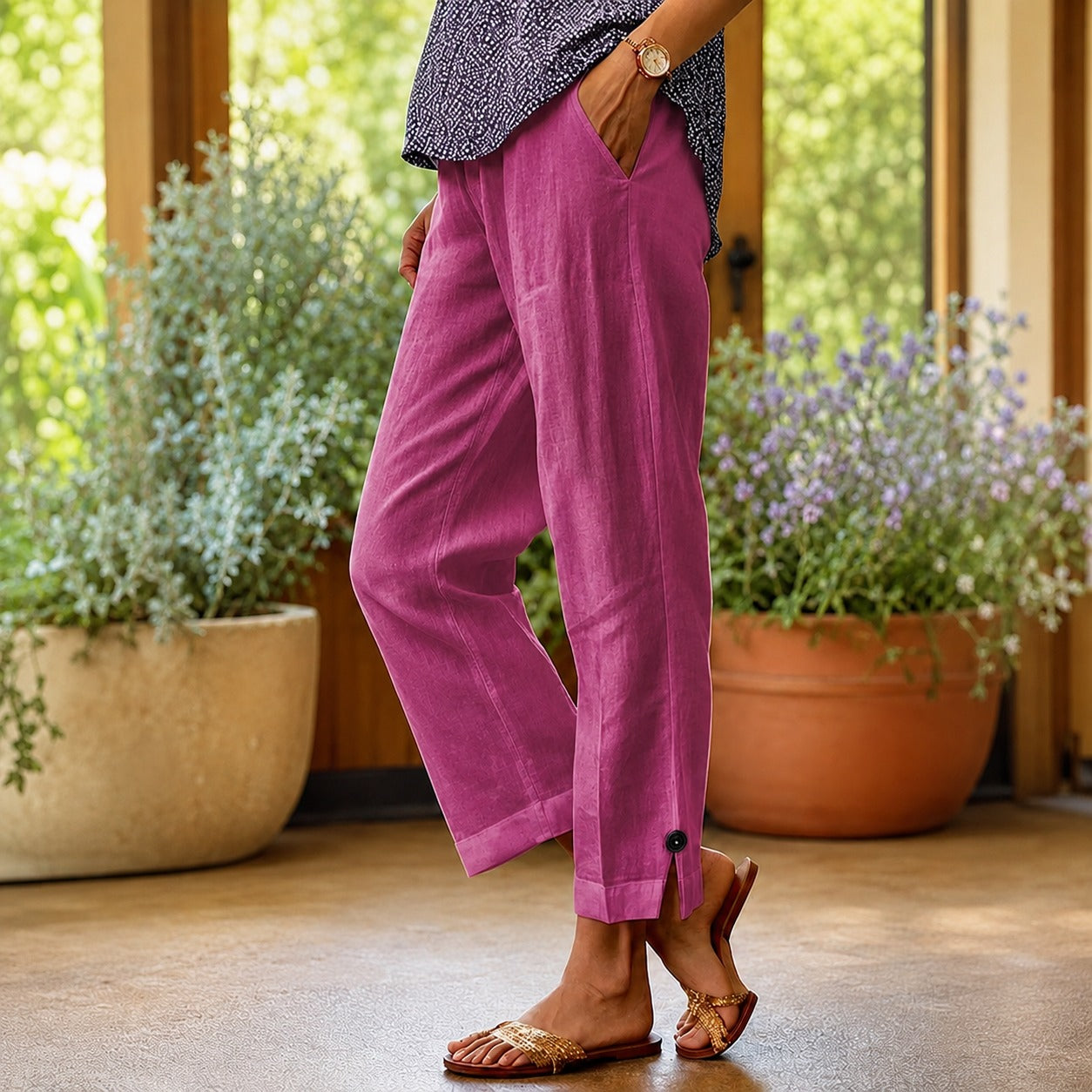 Sylvie™ Pantalón de Algodón y Lino con Abertura Lateral en el Bajo