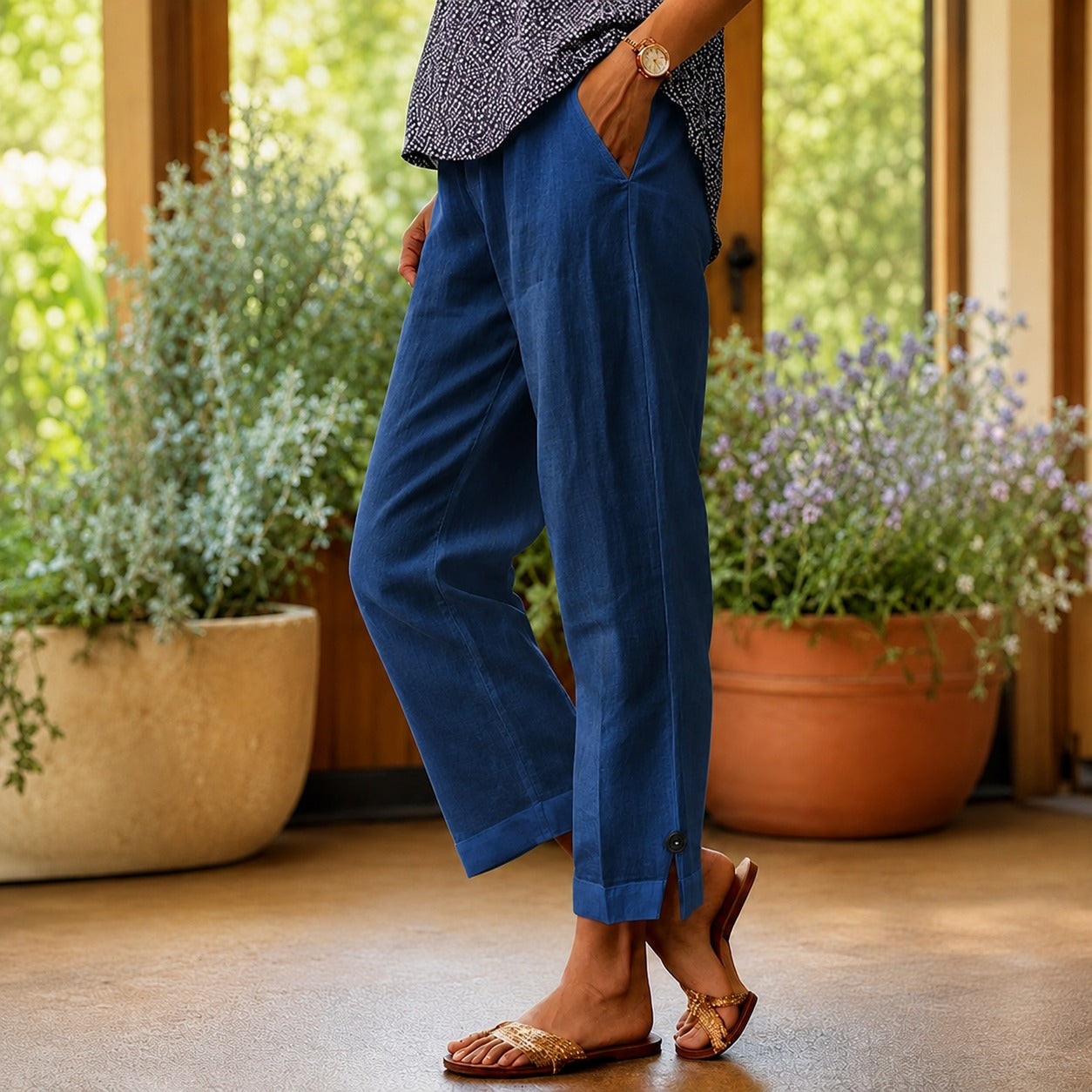 Sylvie™ Pantalón de Algodón y Lino con Abertura Lateral en el Bajo
