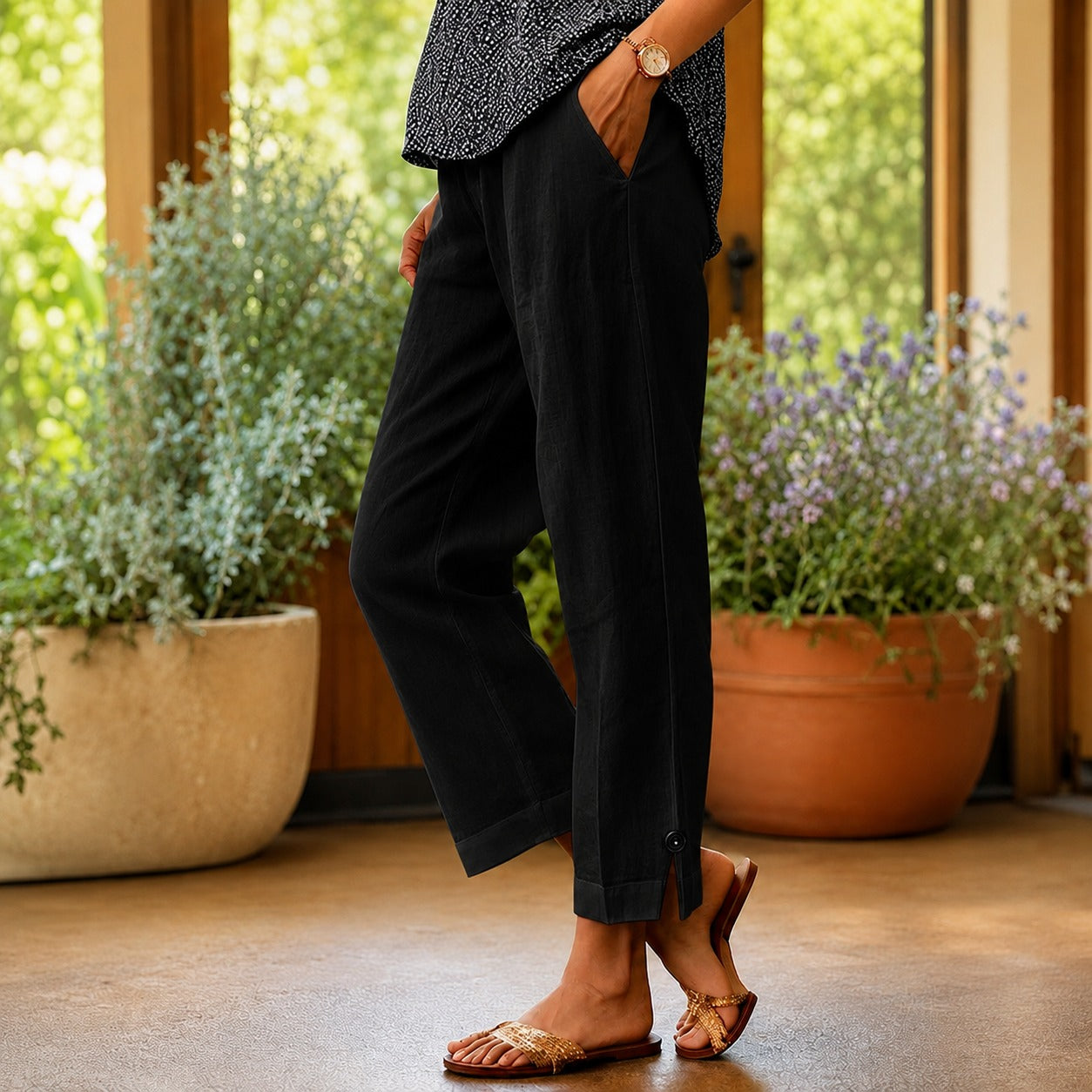 Sylvie™ Pantalón de Algodón y Lino con Abertura Lateral en el Bajo
