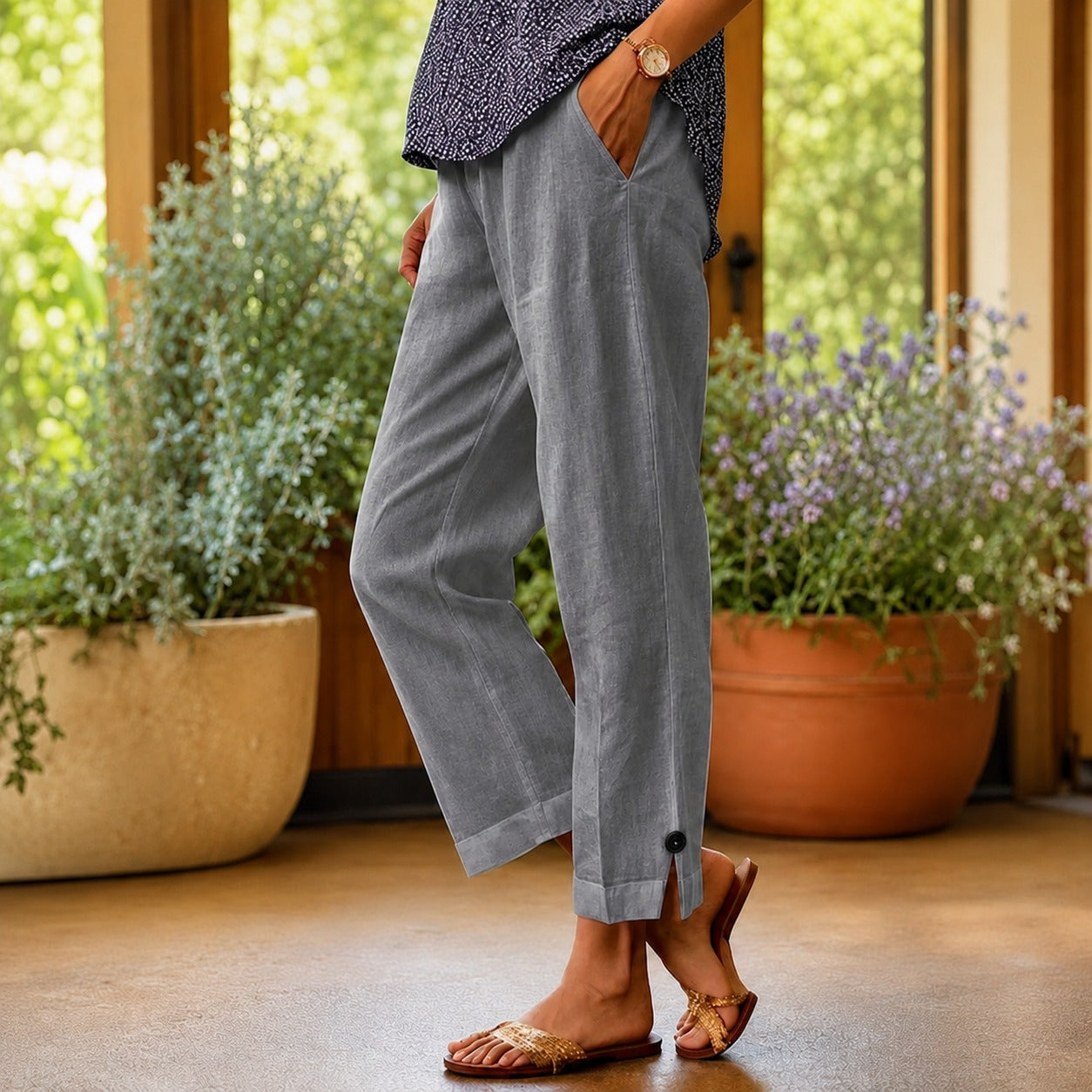 Sylvie™ Pantalón de Algodón y Lino con Abertura Lateral en el Bajo